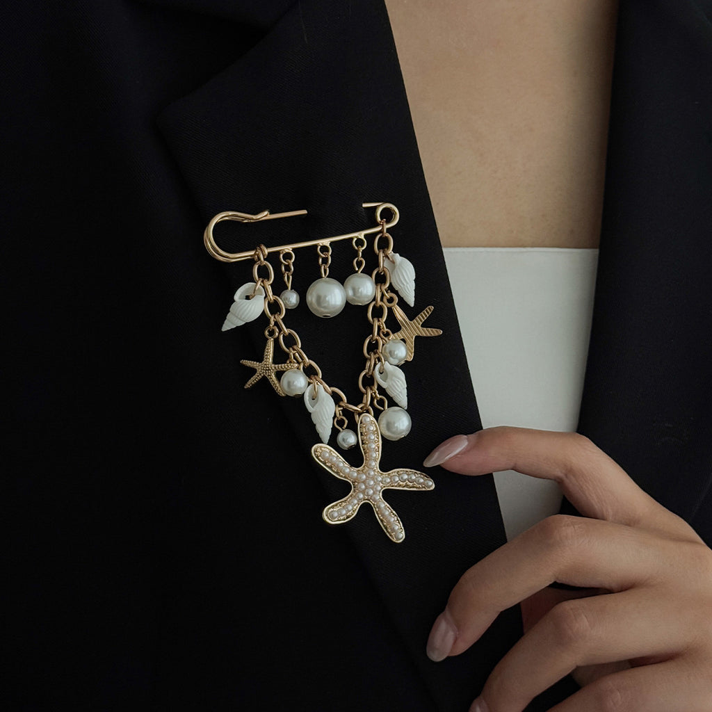 Starfish Shell Imitation Pearl Tassel Brooch