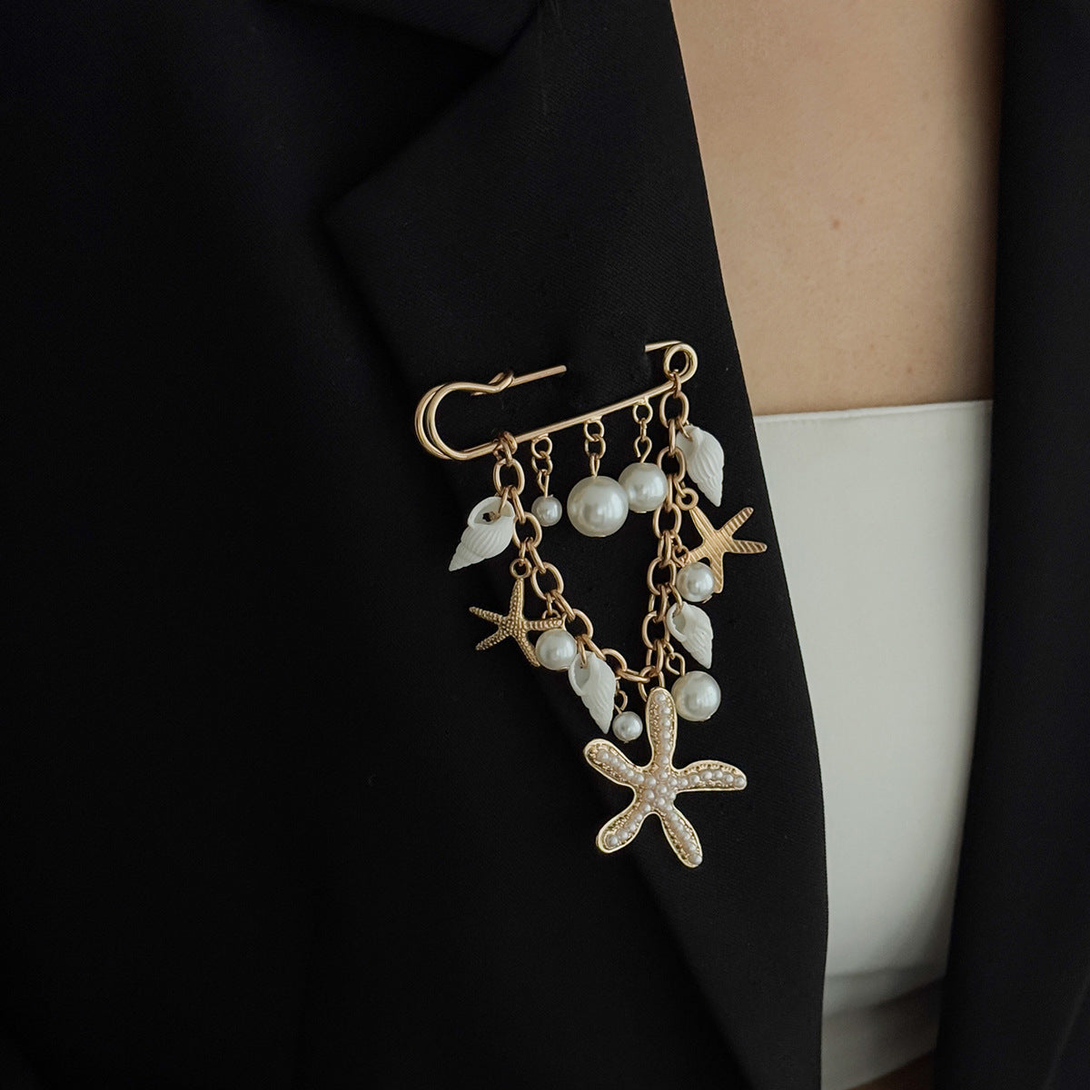 Starfish Shell Imitation Pearl Tassel Brooch