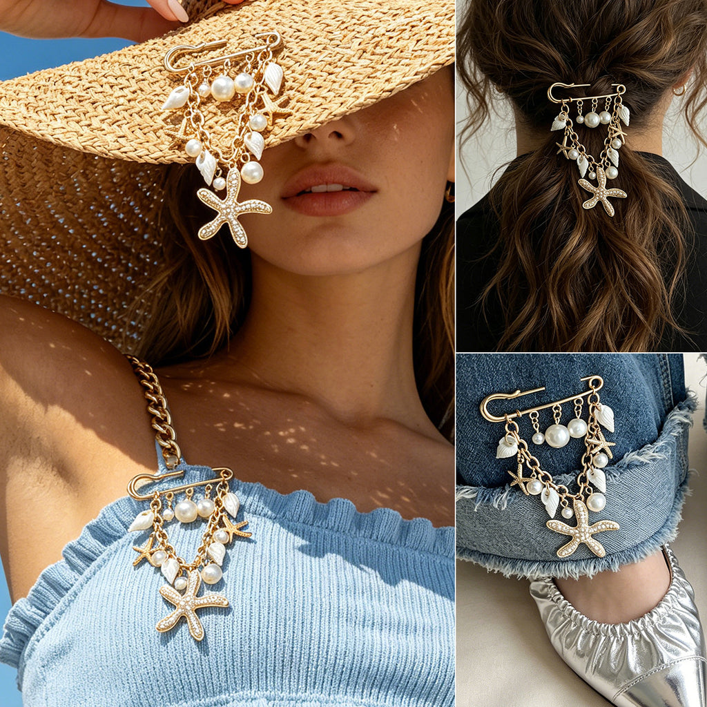 Starfish Shell Imitation Pearl Tassel Brooch