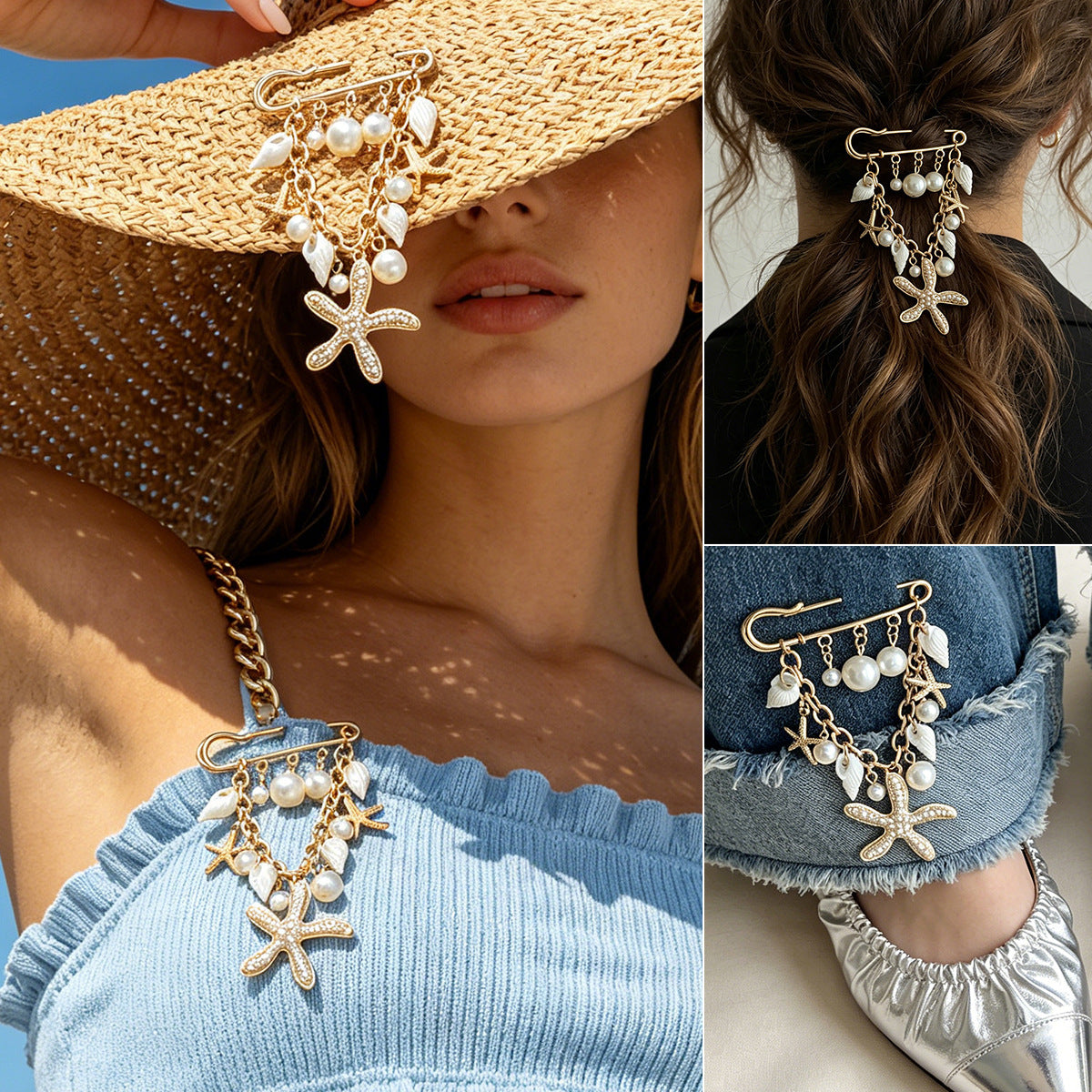Starfish Shell Imitation Pearl Tassel Brooch