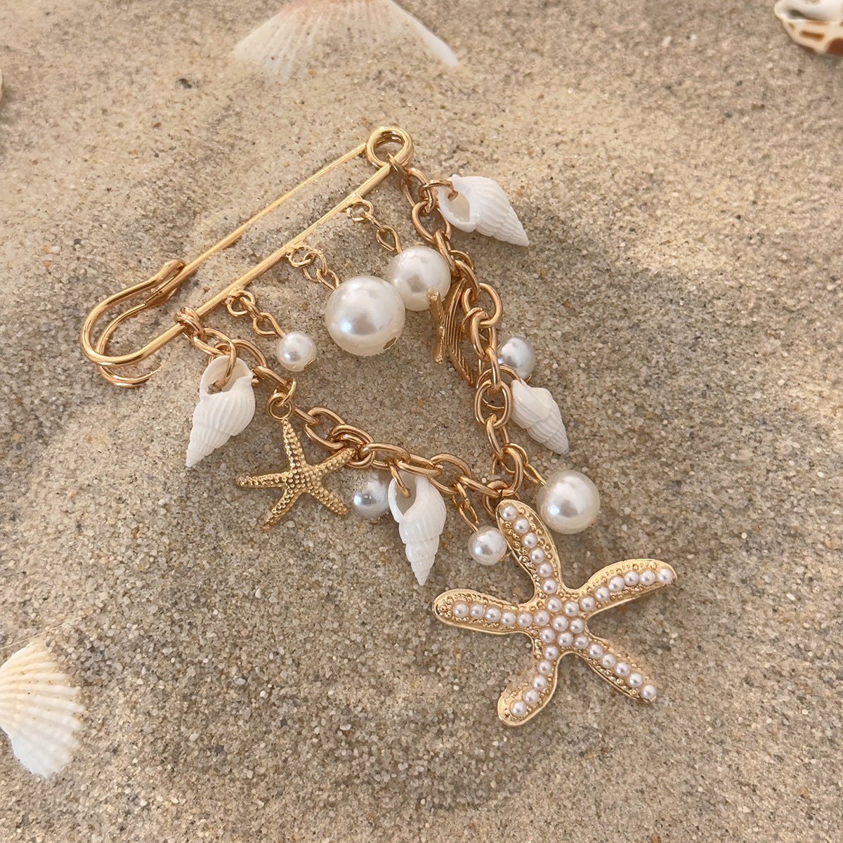 Starfish Shell Imitation Pearl Tassel Brooch