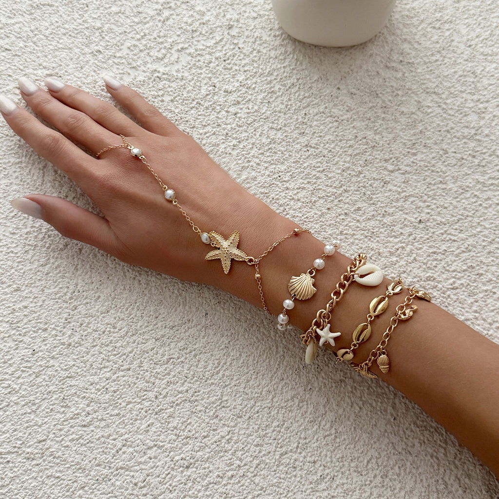 Vacation Style Starfish Faux Pearl Tassel Hand Chain Ring Bracelet