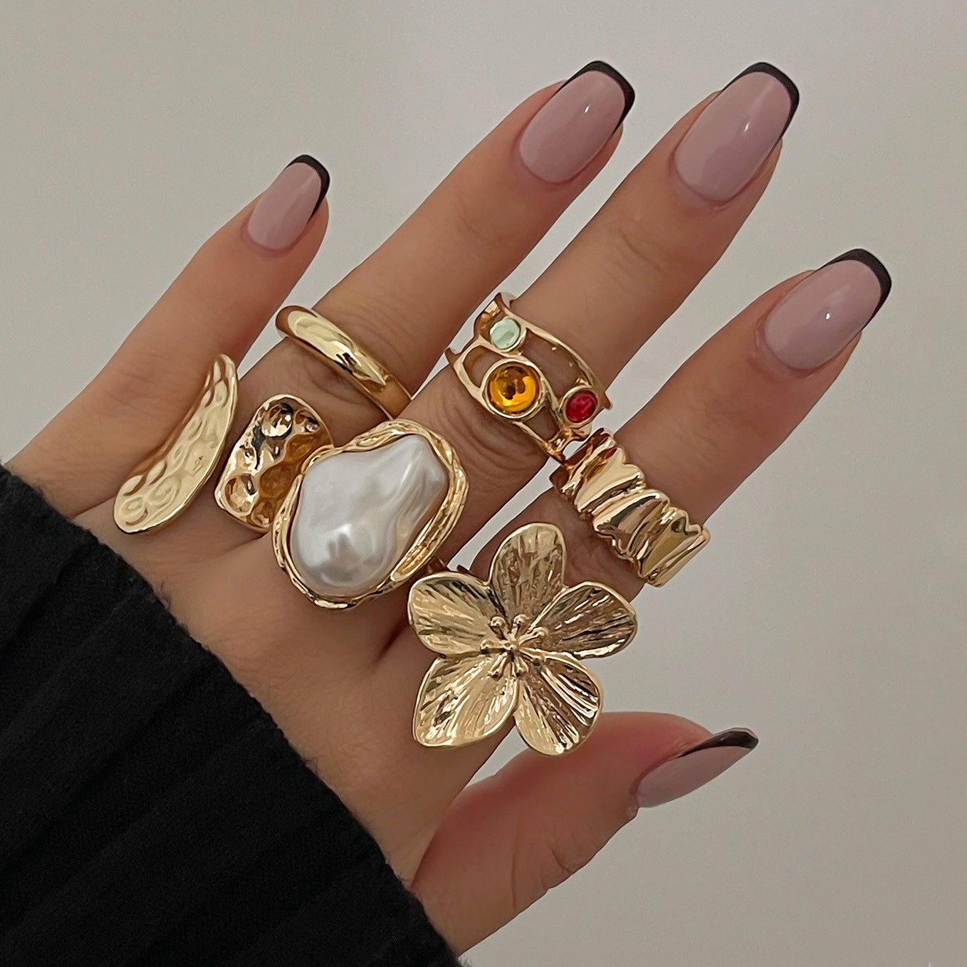 Liquid Flower Open Ring Set with Imitation Pearl