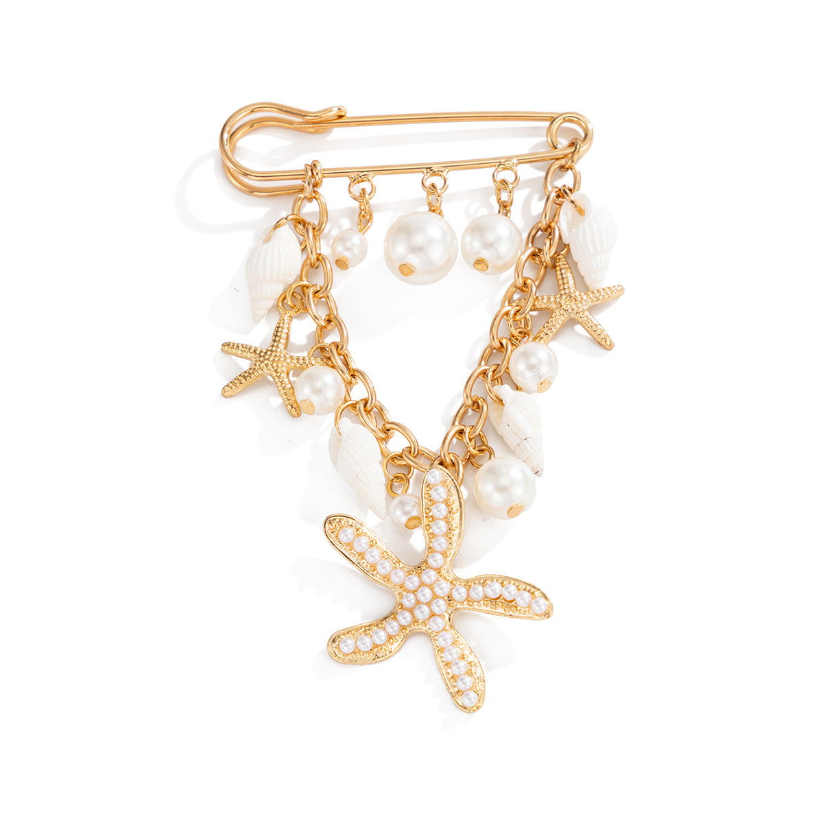 Starfish Shell Imitation Pearl Tassel Brooch