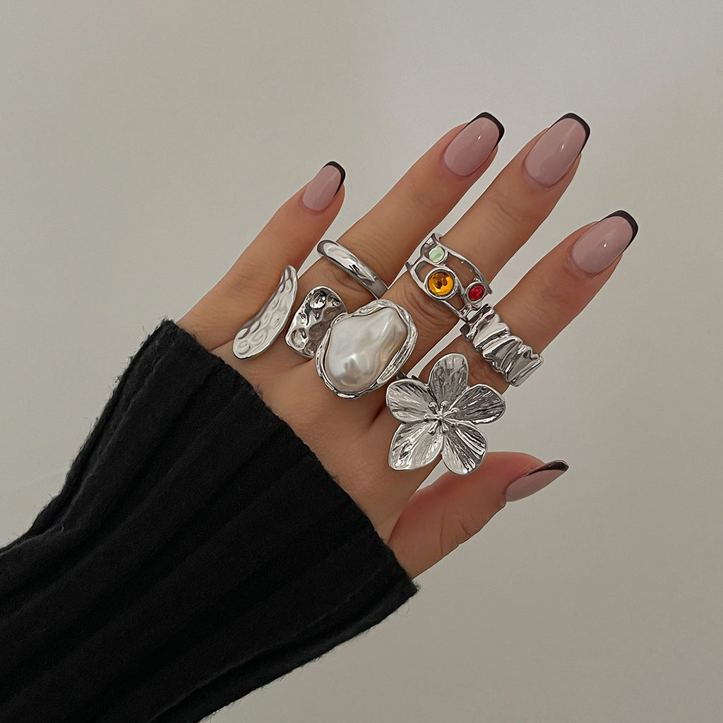 Liquid Flower Open Ring Set with Imitation Pearl
