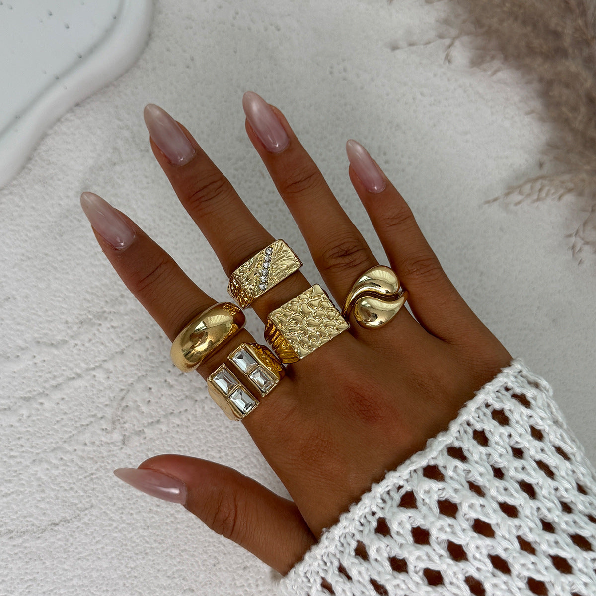 Vintage Geometric Crystal Ring Set