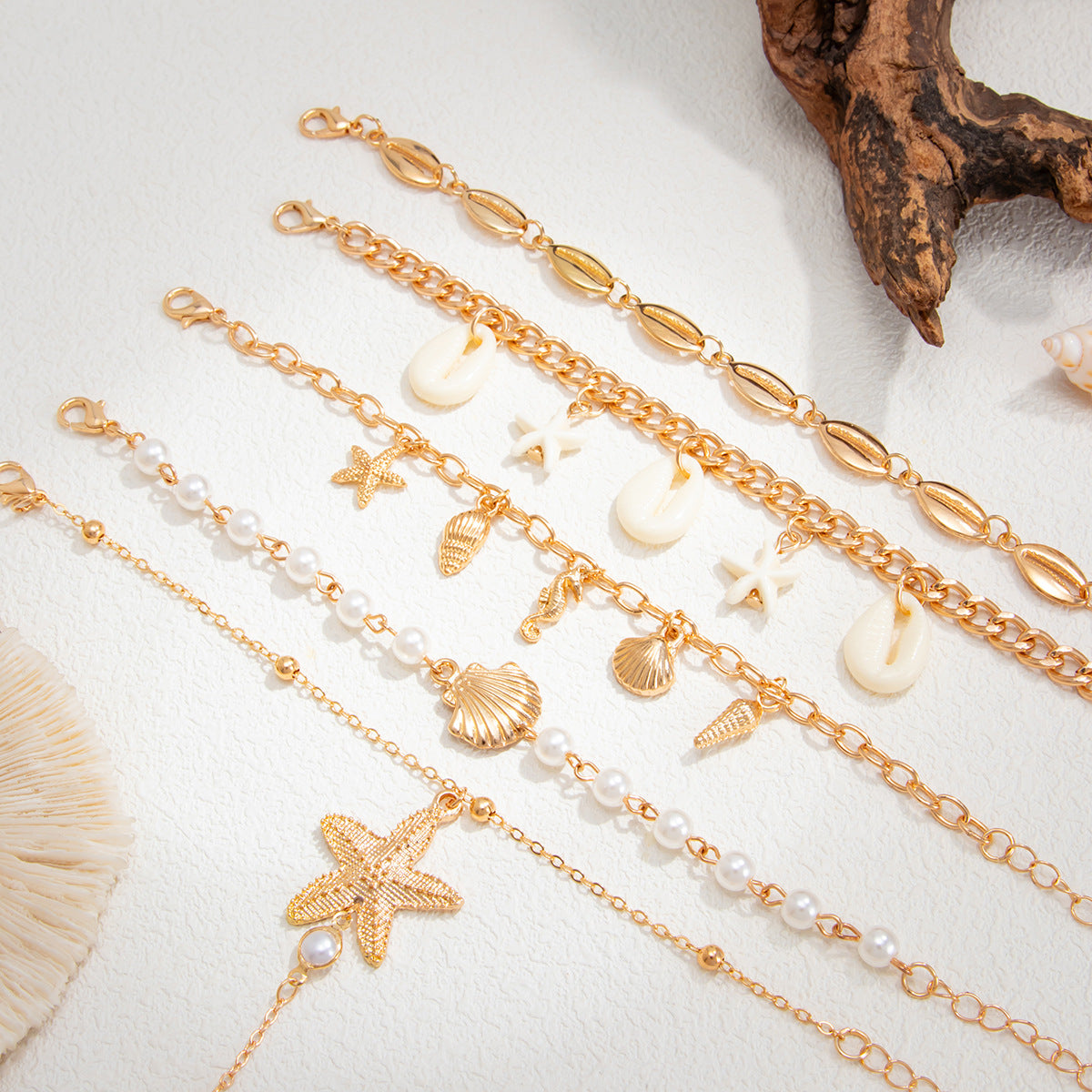 Vacation Style Starfish Faux Pearl Tassel Hand Chain Ring Bracelet