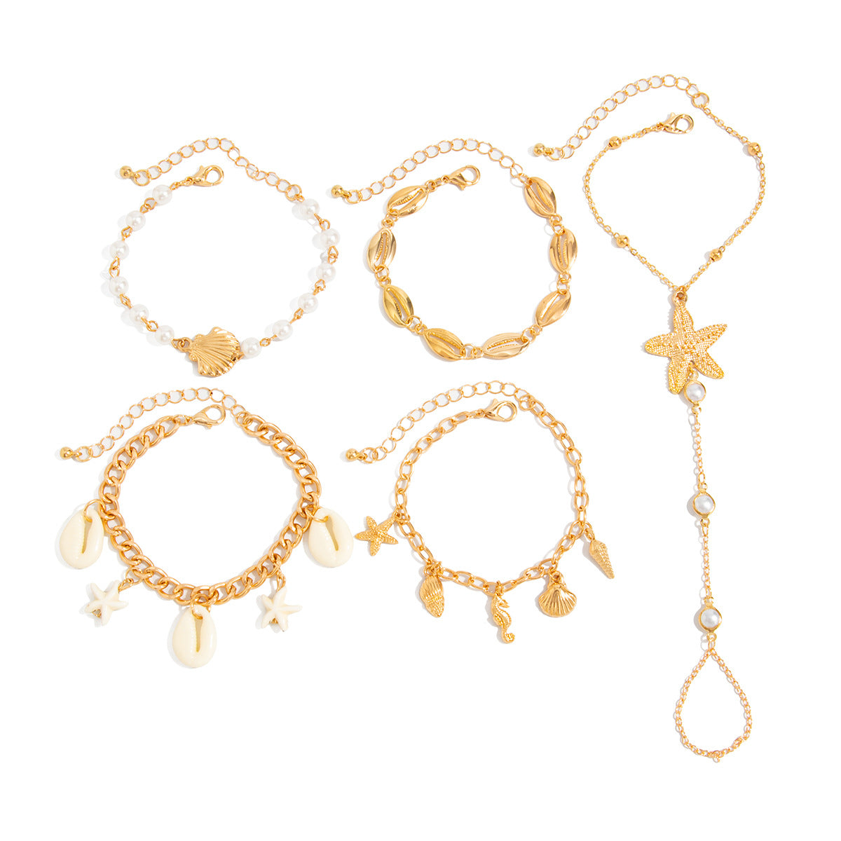 Vacation Style Starfish Faux Pearl Tassel Hand Chain Ring Bracelet