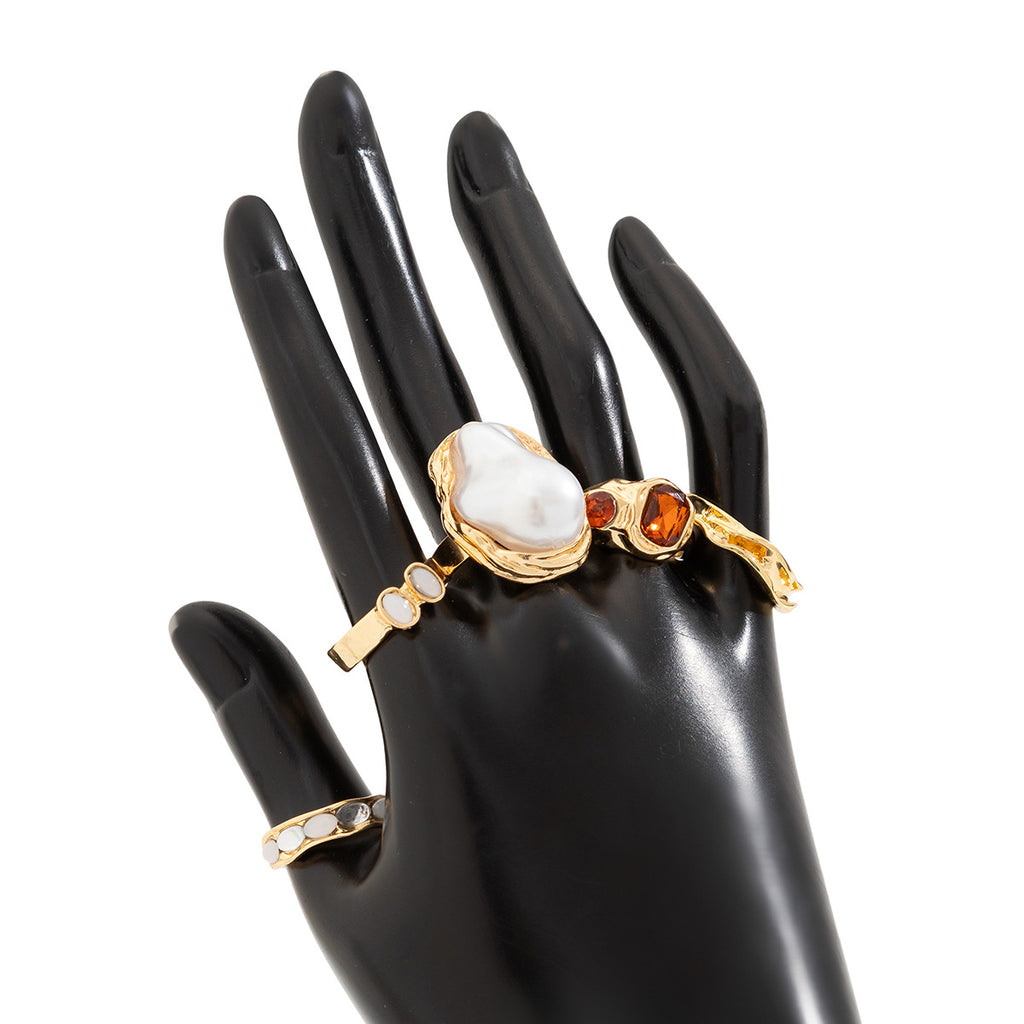 Liquid Flower Open Ring Set with Imitation Pearl