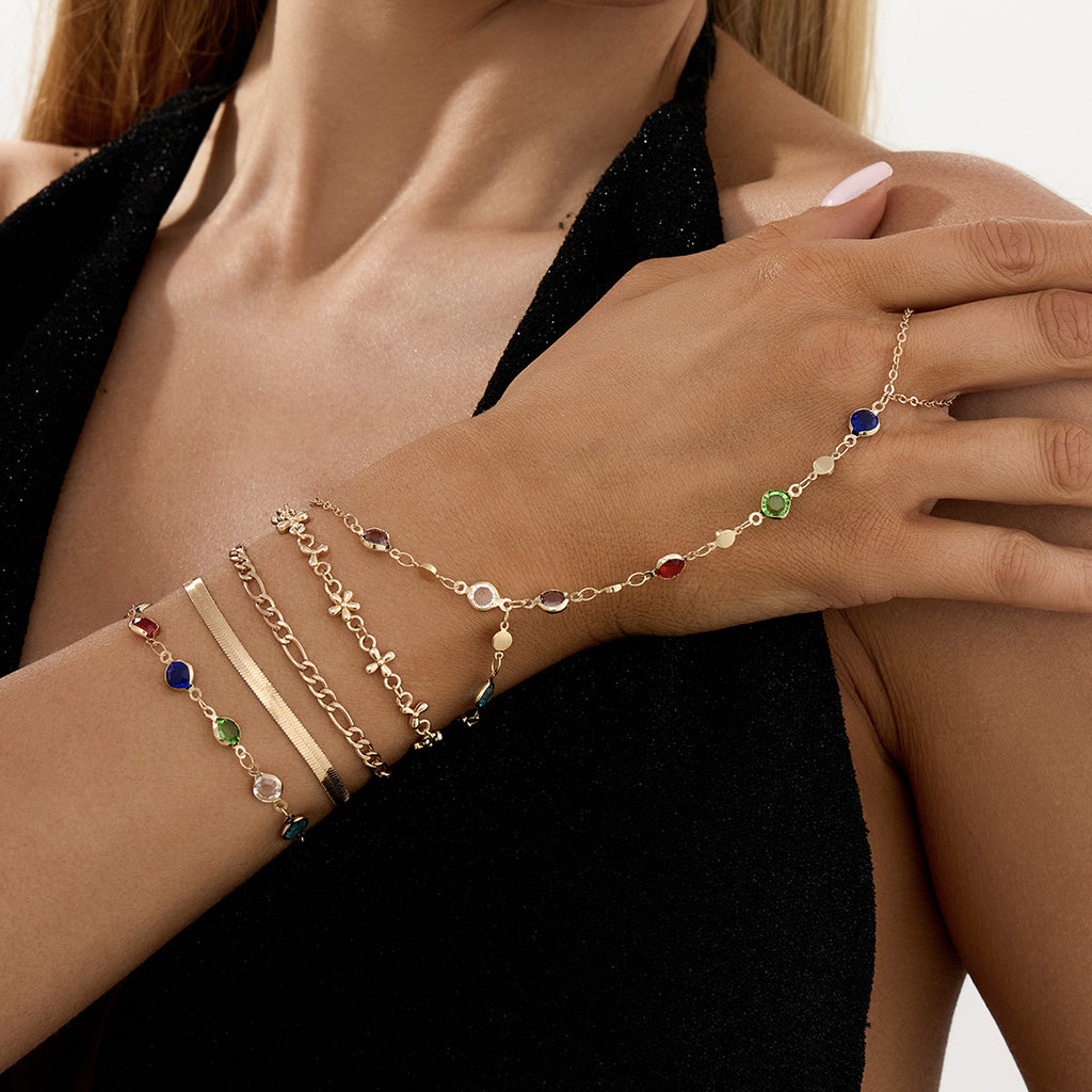 Geometric Colorful Stone Iron Hand Chain Ring Jewelry