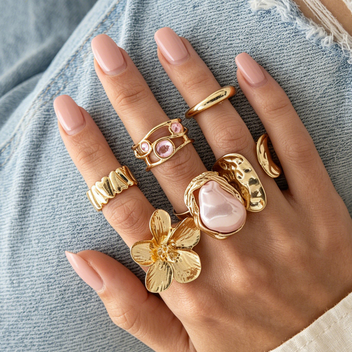 Liquid Flower Open Ring Set with Imitation Pearl