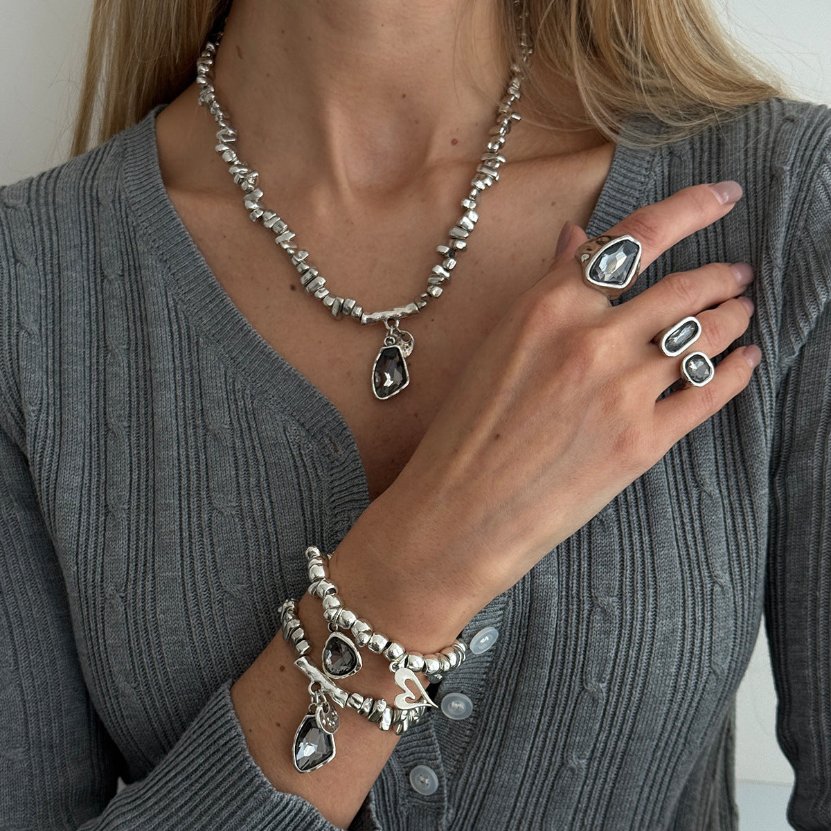 Alloy Rhinestone Heart Geometric Jewelry Set Necklace Bracelet Ring